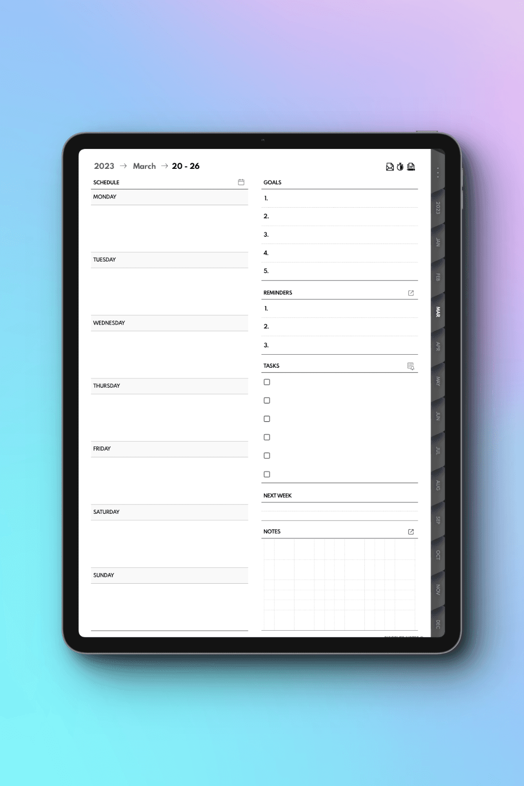 iPad showing Portrait 2023 Planner with Apple Calendar Integration