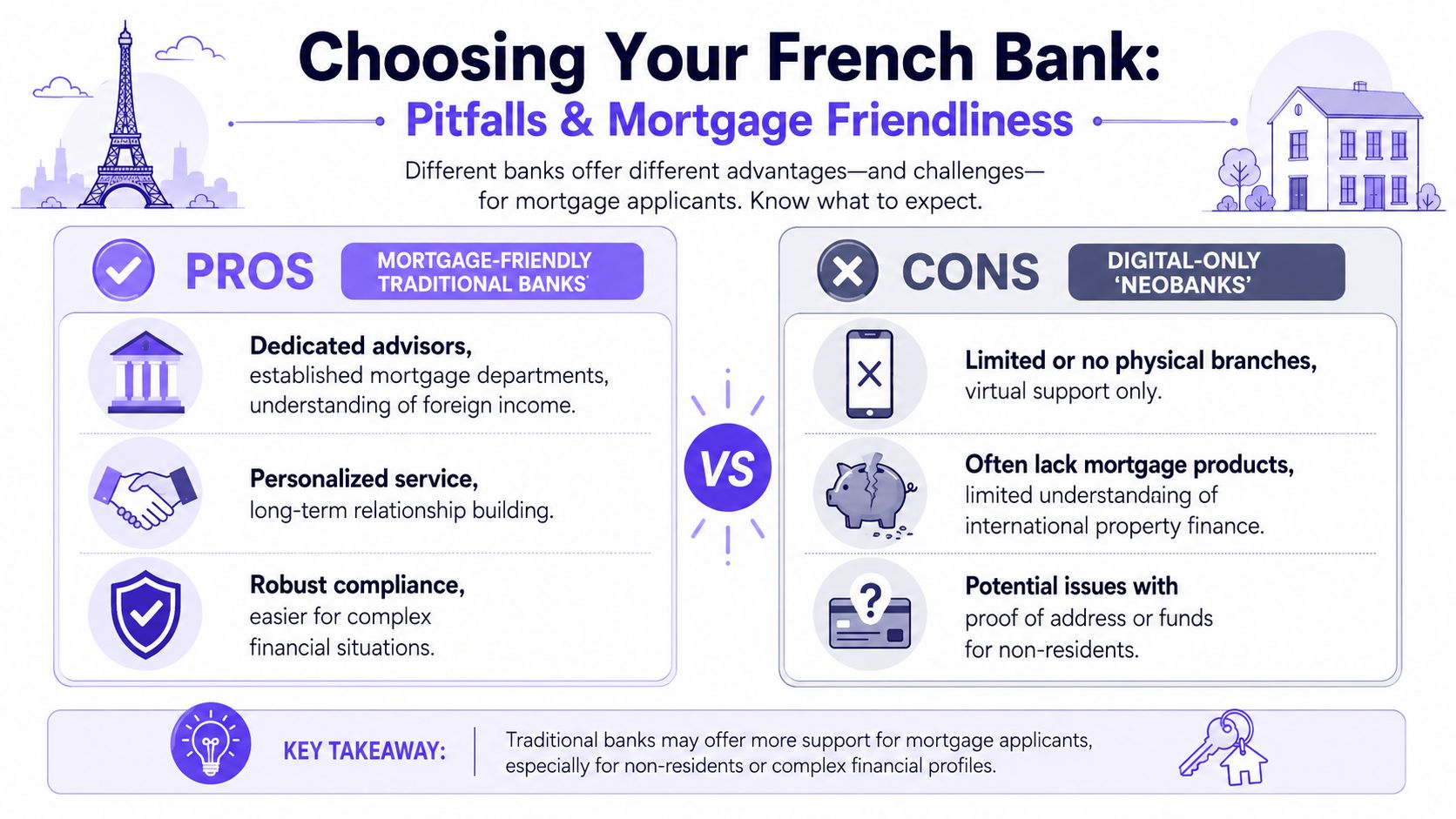 A comparison infographic between traditional French banks and digital-only neobanks regarding mortgage friendliness and account services.