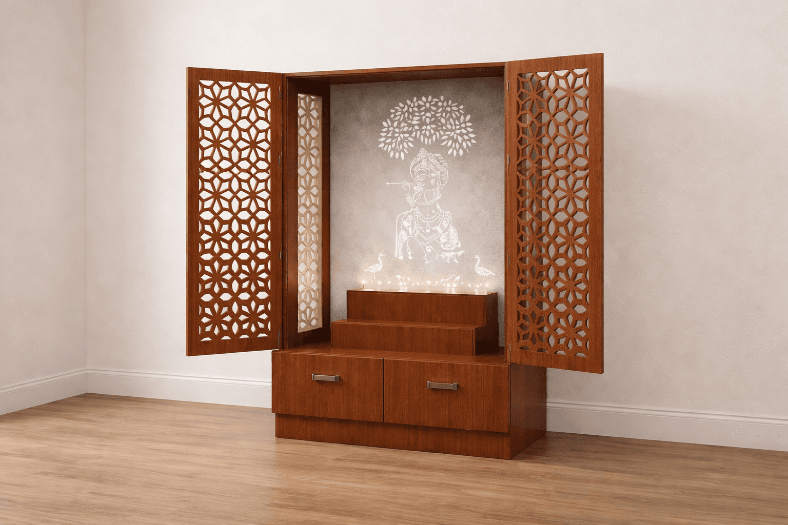 Customized luxury pooja mandir with intricate wood carving and premium finish