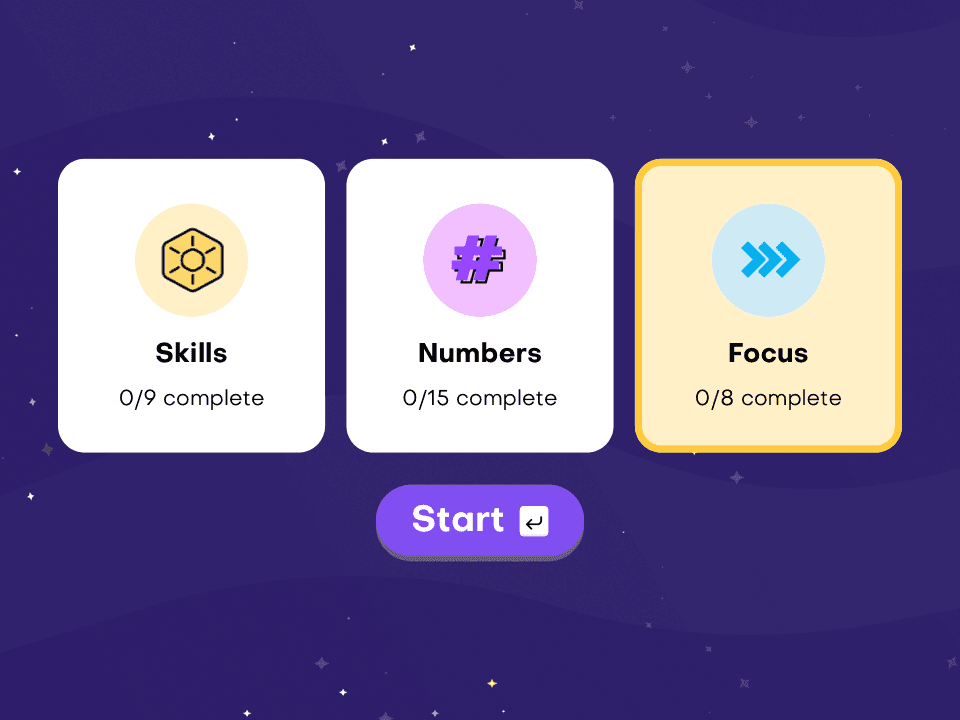 Talamo test screen: three tiles to choose from, Skills (0 of 9 complete), Numbers (0 of 15) and Focus (0 of 8, selected), above a Start button.