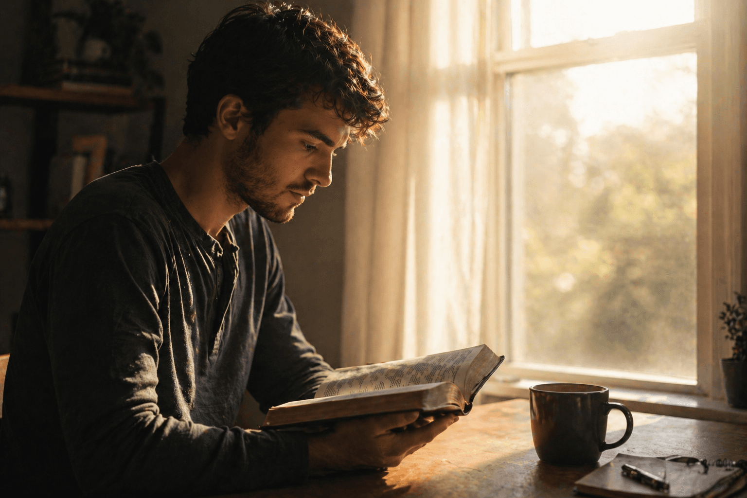 Person reading Bible by window in morning light reflecting on faith and trust in God