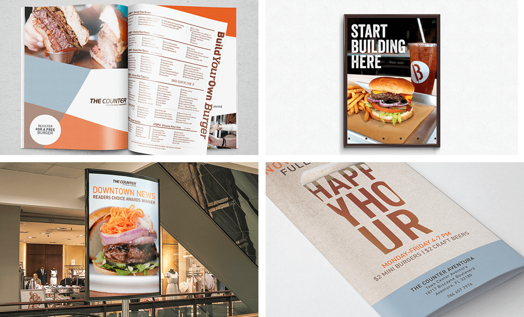 I produced a comprehensive suite of print and photo assets for The Counter restaurant, creating visually compelling materials that spanned large-scale mall placements to on-site menu design — delivering a consistent, appetite-driven visual presence across every customer touchpoint.