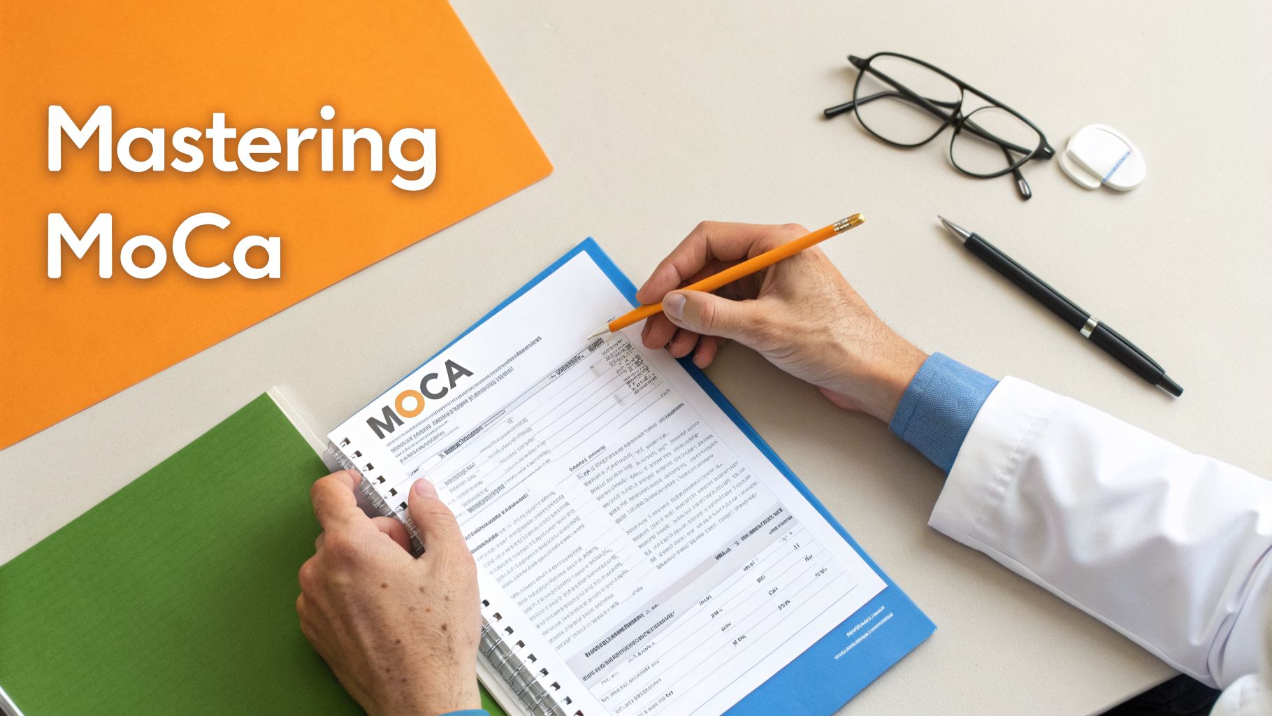 A doctor in a white coat fills out a MOCA cognitive assessment test with a pencil, surrounded by medical items.