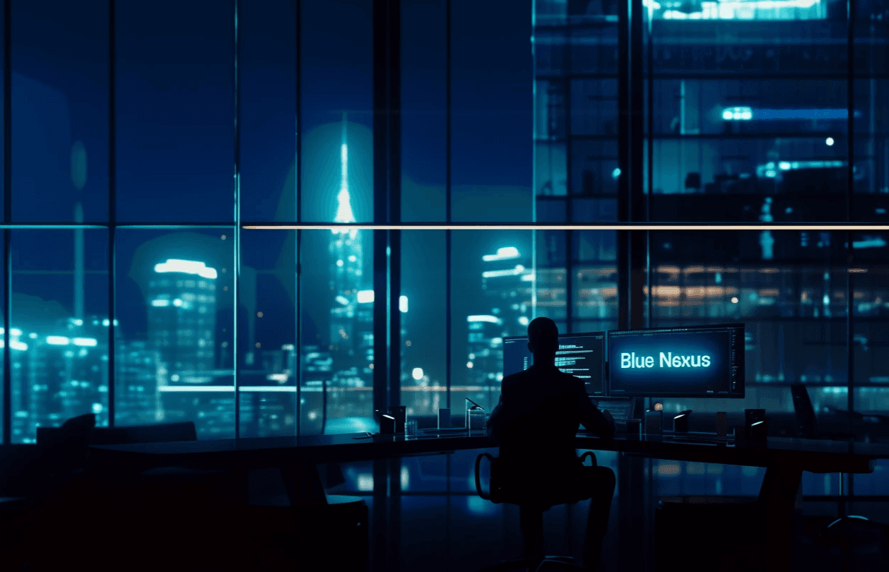 Ein Angestellter in einem Anzug arbeitet nachts in einem High-Tech-Büro, man kann die Skyline der Stadt sehen, das Bild ist das Titelbild eines Blog-Artikels