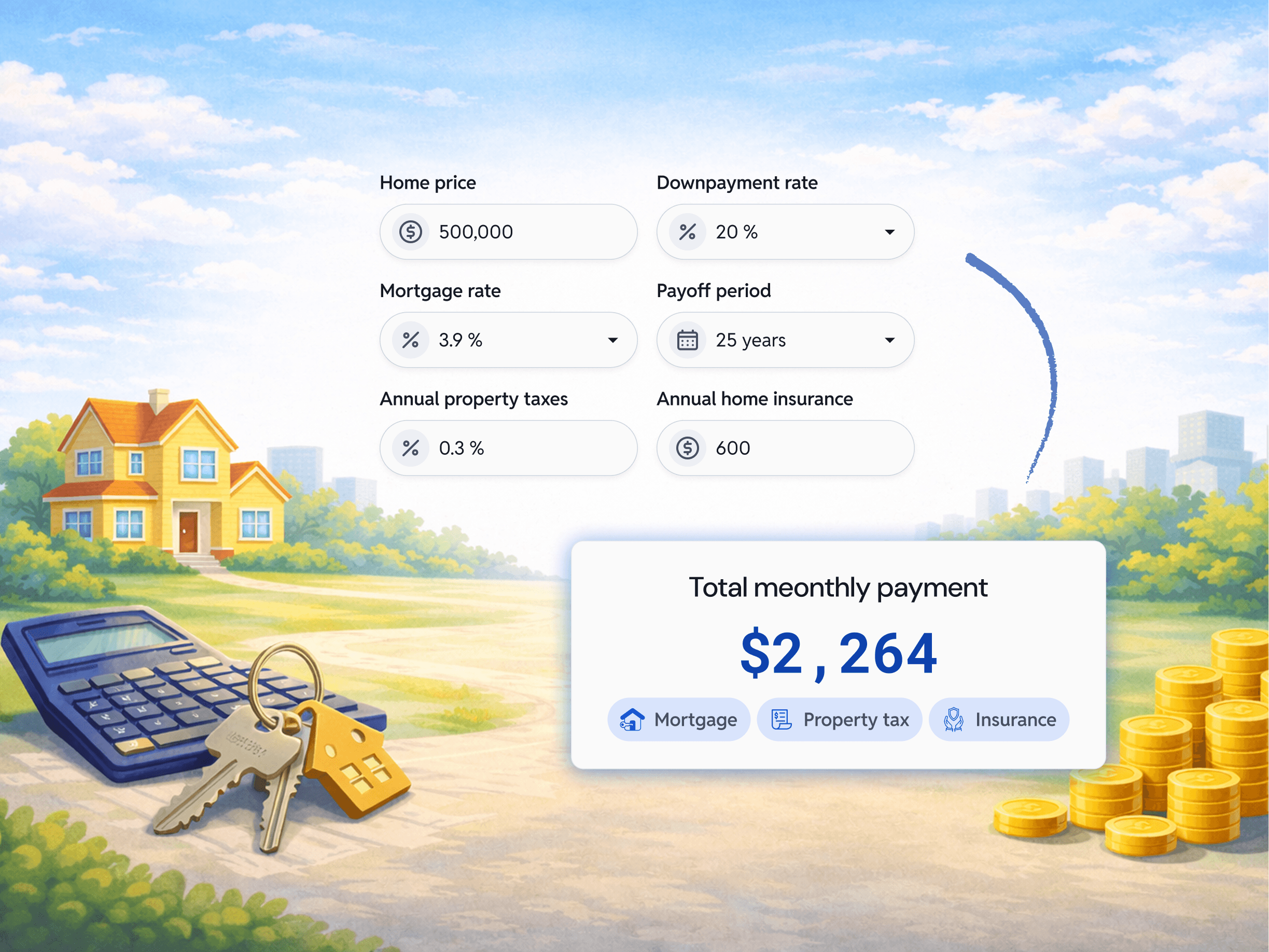 A home ownership cost calculator showing inputs for mortgage, taxes, and insurance with a summarized monthly payment result.