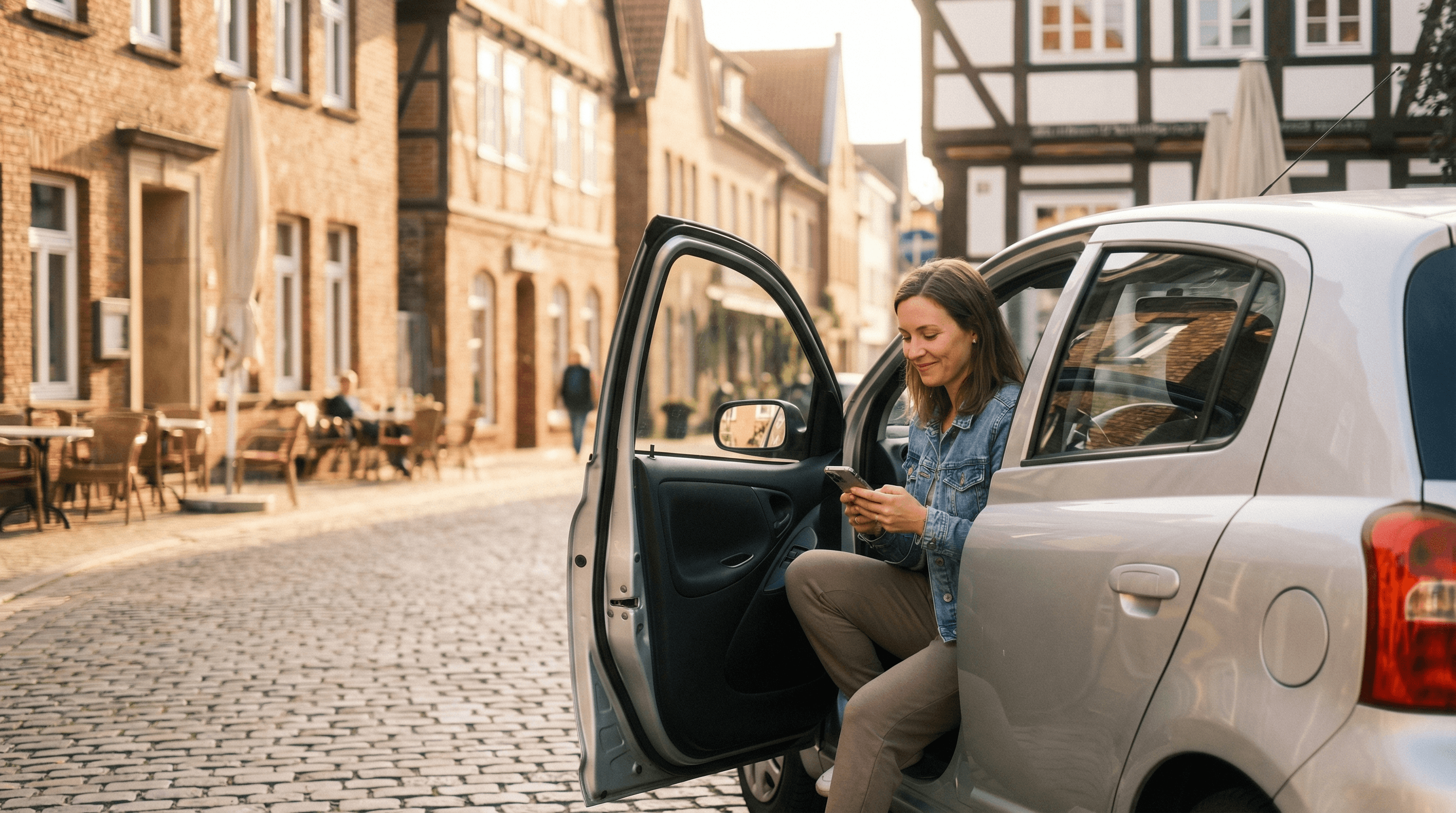 two people looking at a tablet and smiling