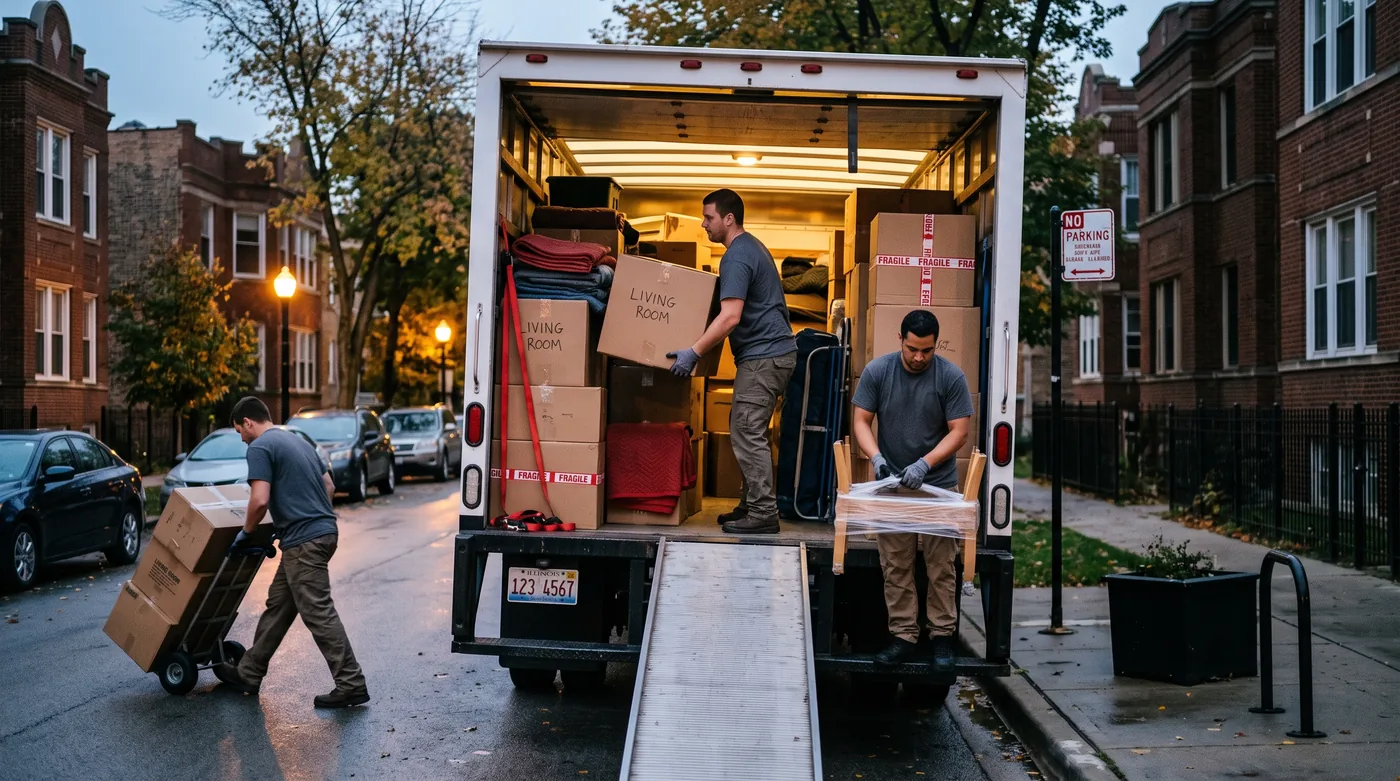 A box truck on a Chicago street at dusk, rear doors open and loaded