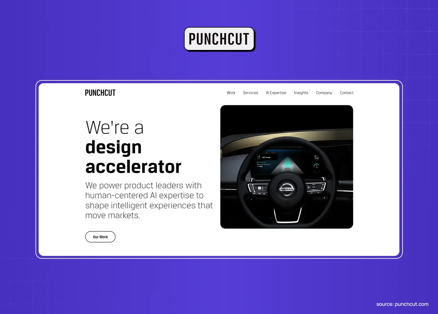 Punchcut website presenting the agency as a design accelerator, with a human-centered AI design message and a car interface visual.