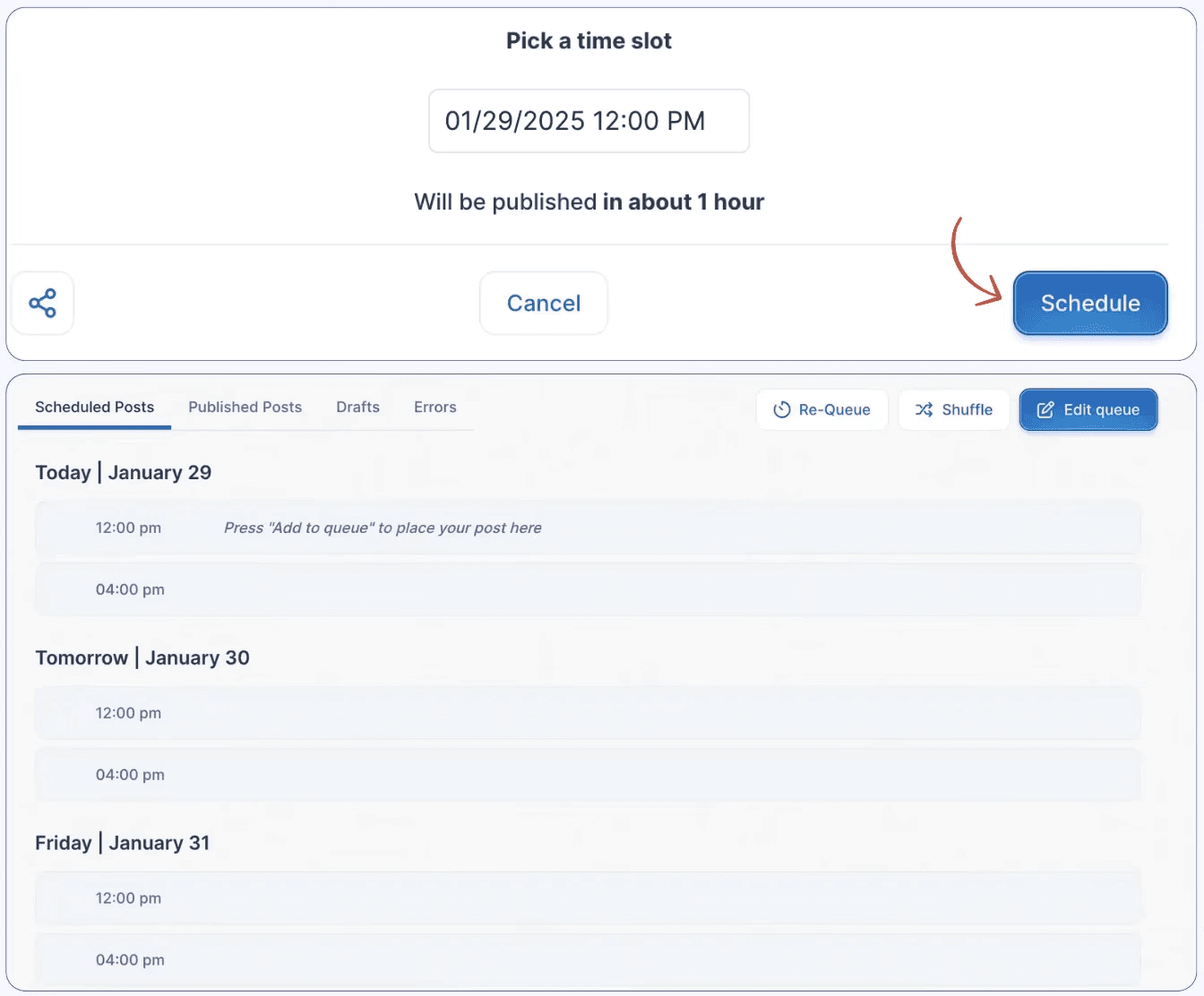 Taplio's LinkedIn post scheduler and vertical view, showing the user which slots are allocated for which posts