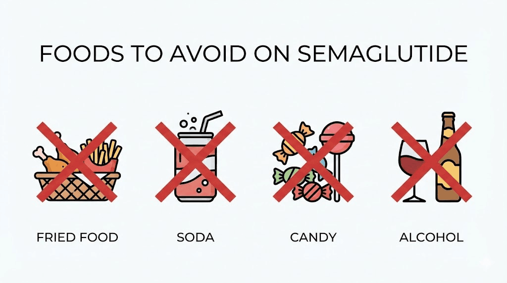 Foods to avoid on semaglutide including fried foods sugar and alcohol