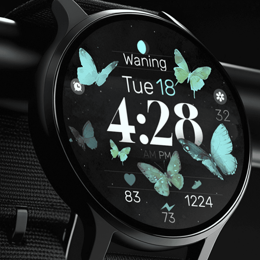 Modern Wear OS smartwatch displaying a digital butterfly watch face