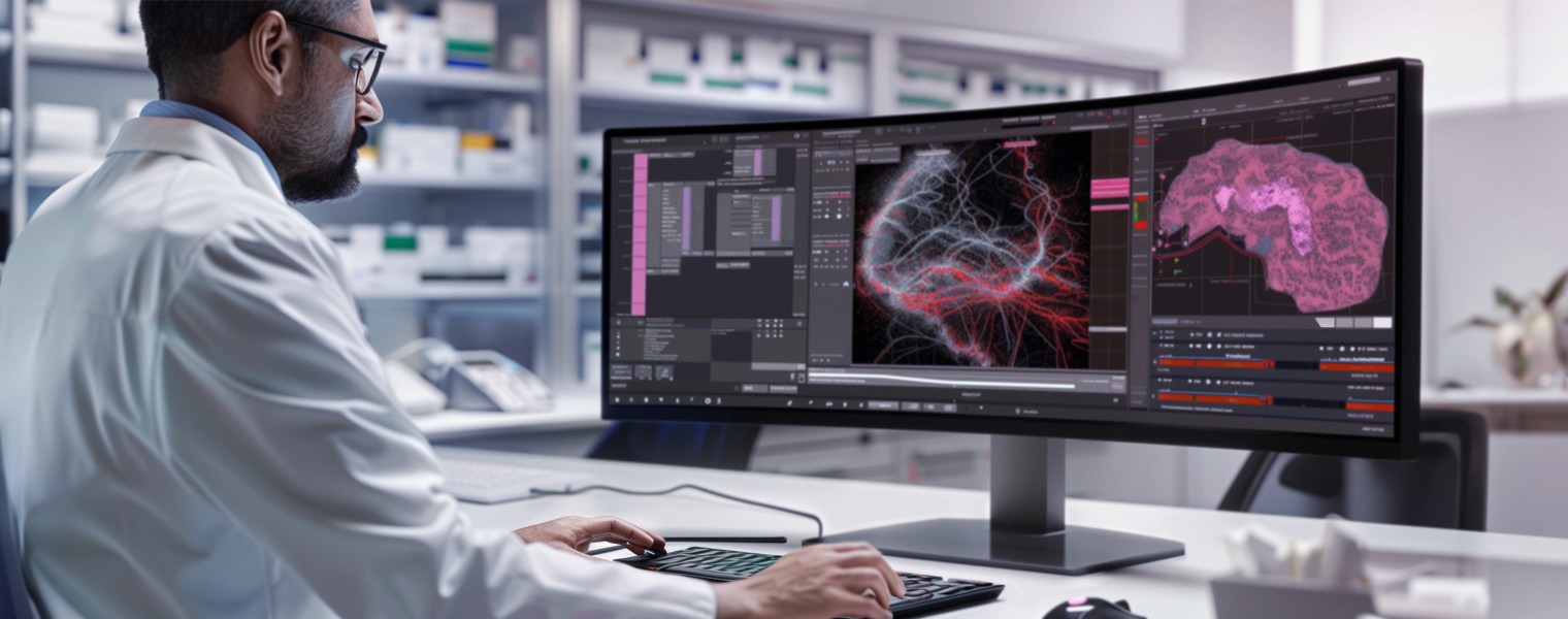 A doctor analyzes feed from multiple AI agents on a monitor in a hospital.