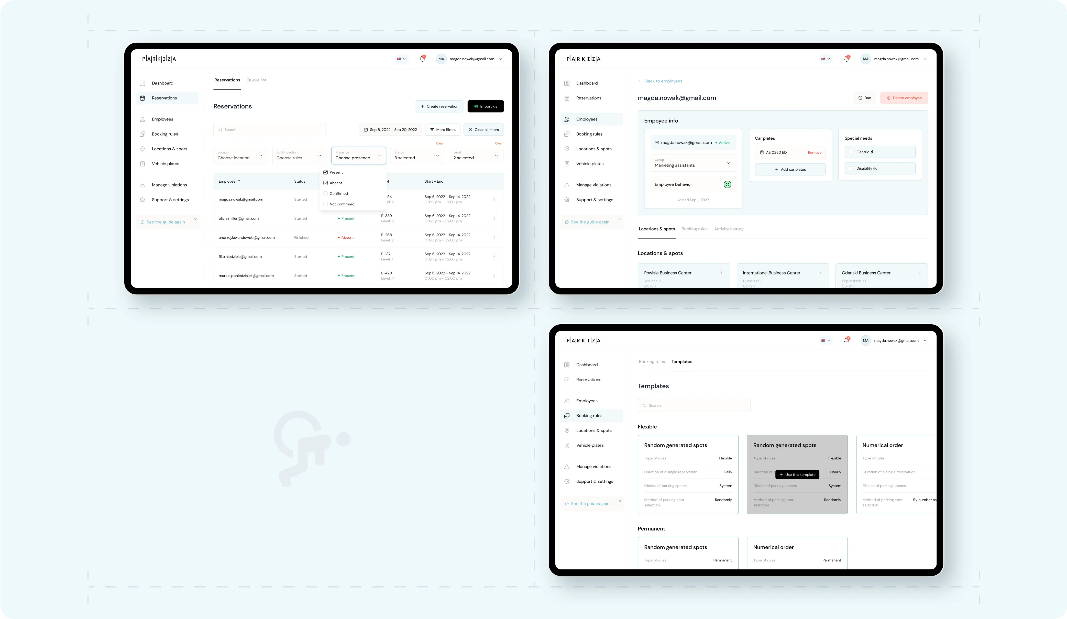 Three tablet screens displaying different interfaces related to parking management in the Parkiza app.  The first screen shows the 'Reservations' section with a list of reservations including details such as location, employee names, booking status, and presence status (e.g., Present, Absent, Confirmed). There are options to create new reservations and filter by location, booking rules, and presence status.  The second screen displays the 'Employee info' section for an employee with the email magda.nowak@gmail.com. It includes information such as the employee's name, group (Marketing assistants), car plates, and special needs (Electric, Disability). There are options to add or remove car plates and special needs.  The third screen shows the 'Templates' section under 'Booking rules', where different templates for parking spot reservations can be created. The templates include options for flexible and permanent random generated spots, as well as numerical order based on different rules such as duration, choice of parking spaces, and method of spot selection.