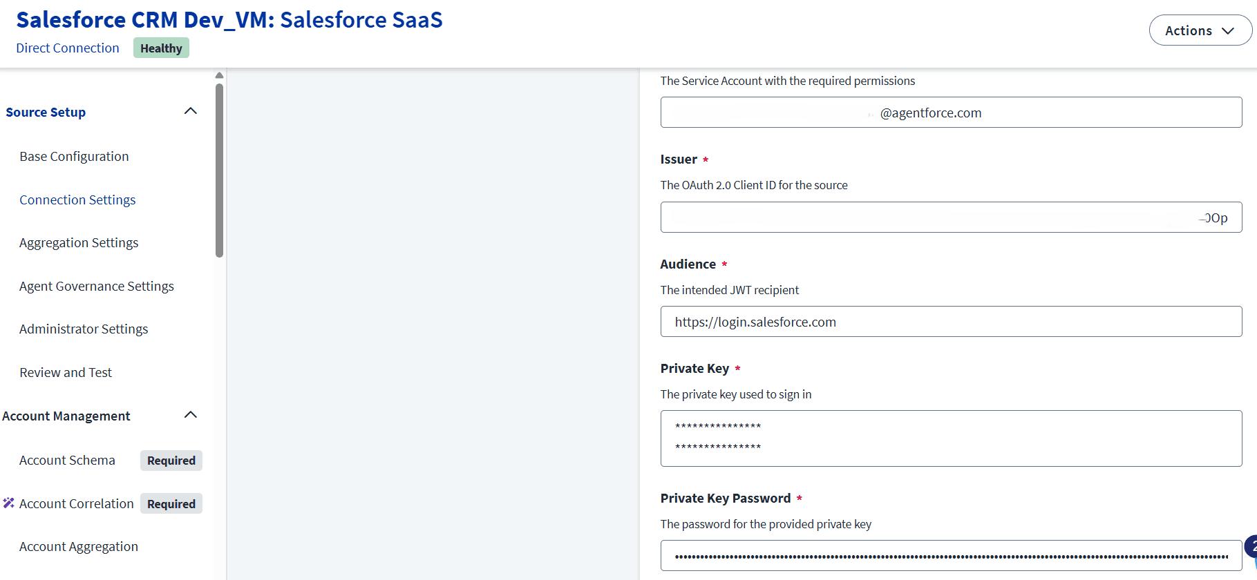 SailPoint connection settings for Salesforce SaaS showing configuration fields for OAuth 2.0 Client ID, JWT Audience, and encrypted Private Key.