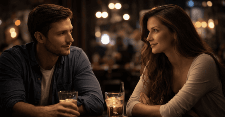 ein mann sitzt zusammen mit einer frau in einer bar