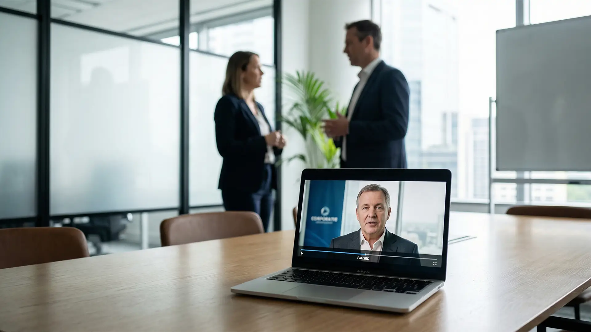 Laptop on a conference table showing a paused video message from a senior leader, with colleagues blurred in the background of a modern meeting room.