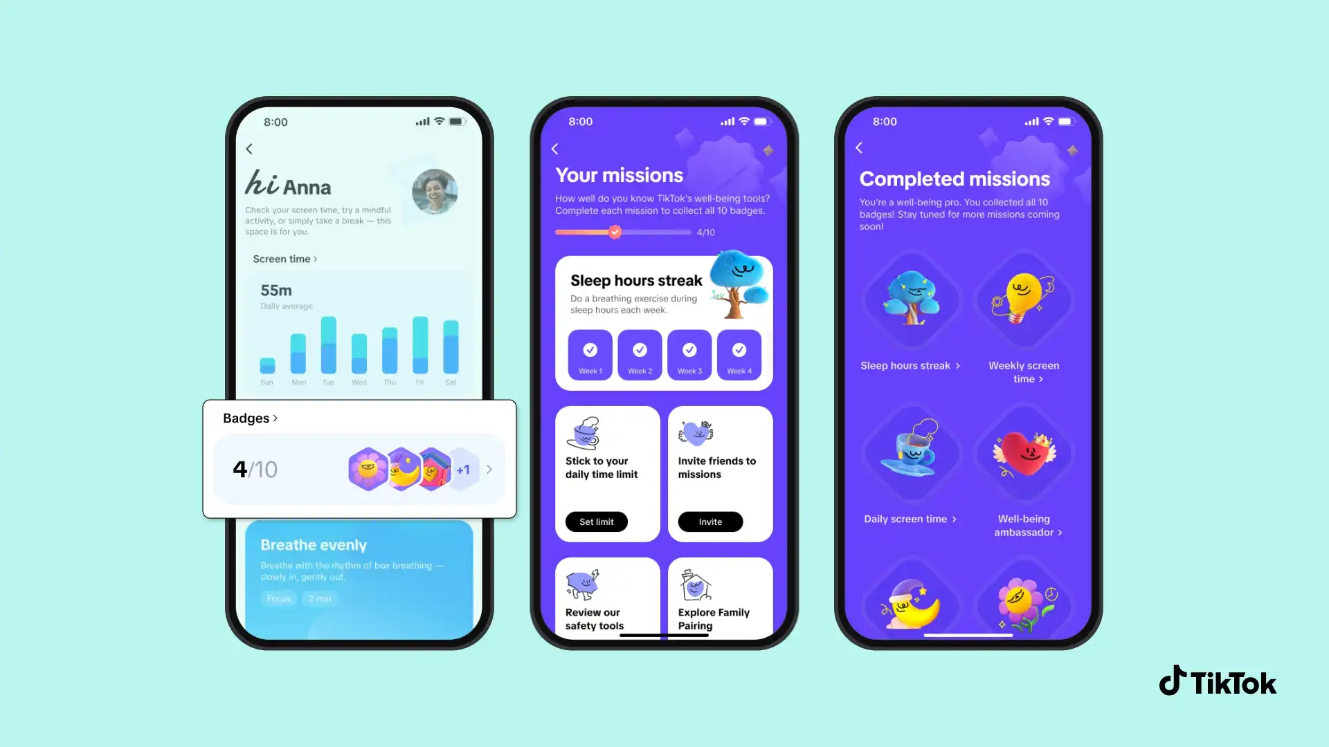 Gamified well-being dashboard rewarding users with badges for sleep streaks and successfully limiting their daily screen time. Source: TikTok Newsroom