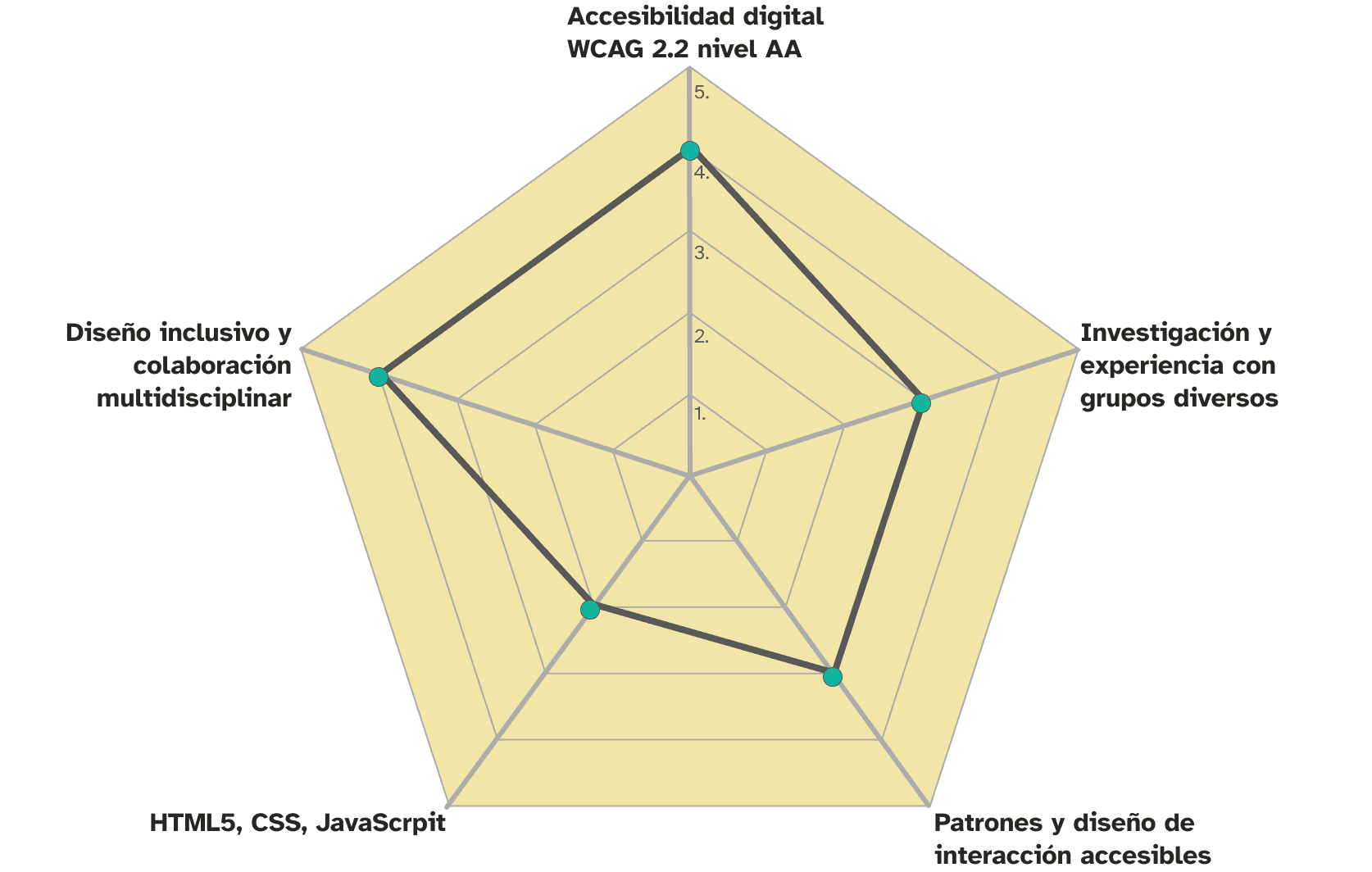 Gráfico de radar que muestra 5 habilidades: 1-Accesibilidad digital WCAG 2.2 nivel AA, 2-Investigación y experiencia con grupos diversos, 3- Patrones y diseño de interacción accesibles, 4-HTML5, CSS, JavaScript, y 5-Diseño inclusivo y colaboración multidisciplinar.