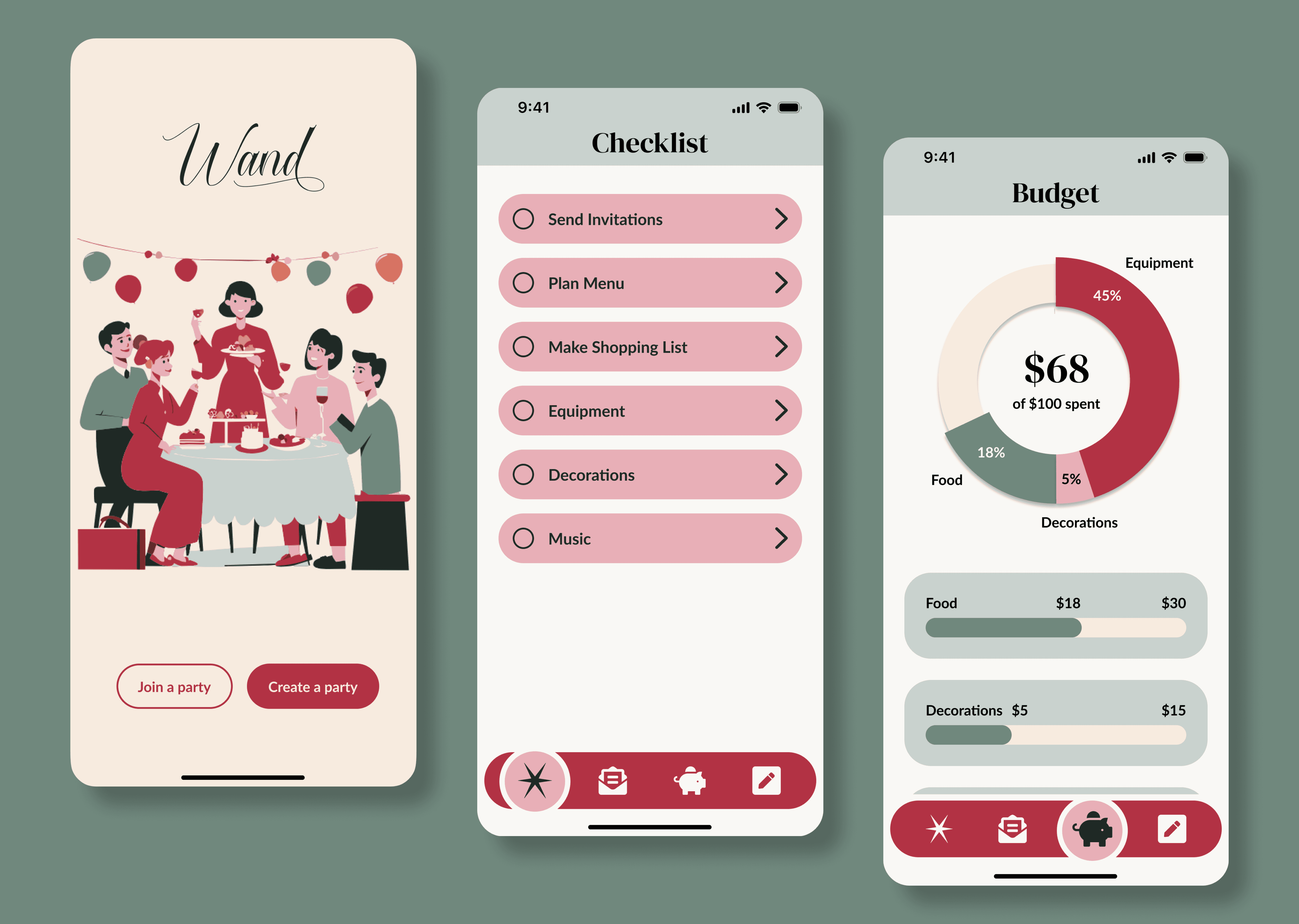 Three mobile screens from the "Wand" app design.