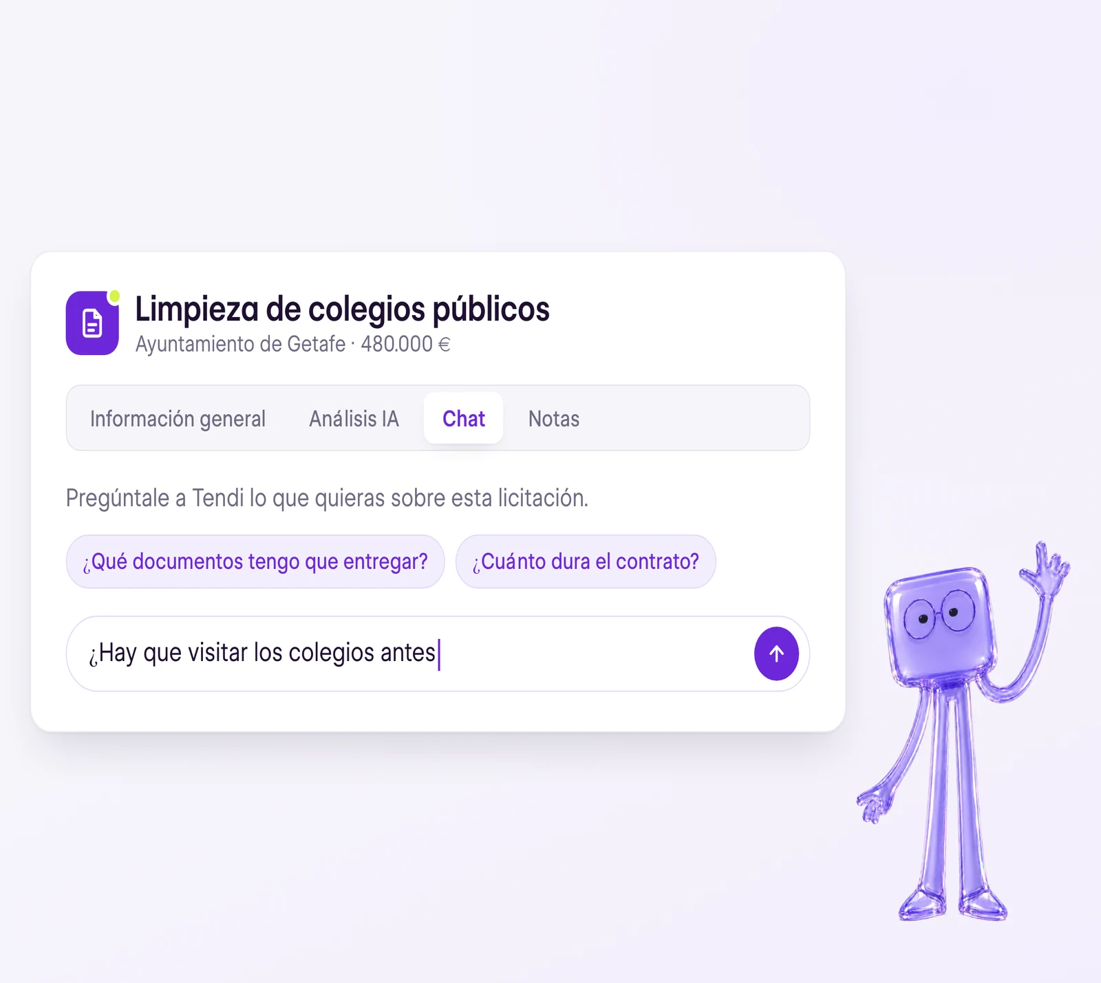 Chat de la licitación con la pregunta «¿Hay que visitar los colegios antes?» y Tendi saludando
