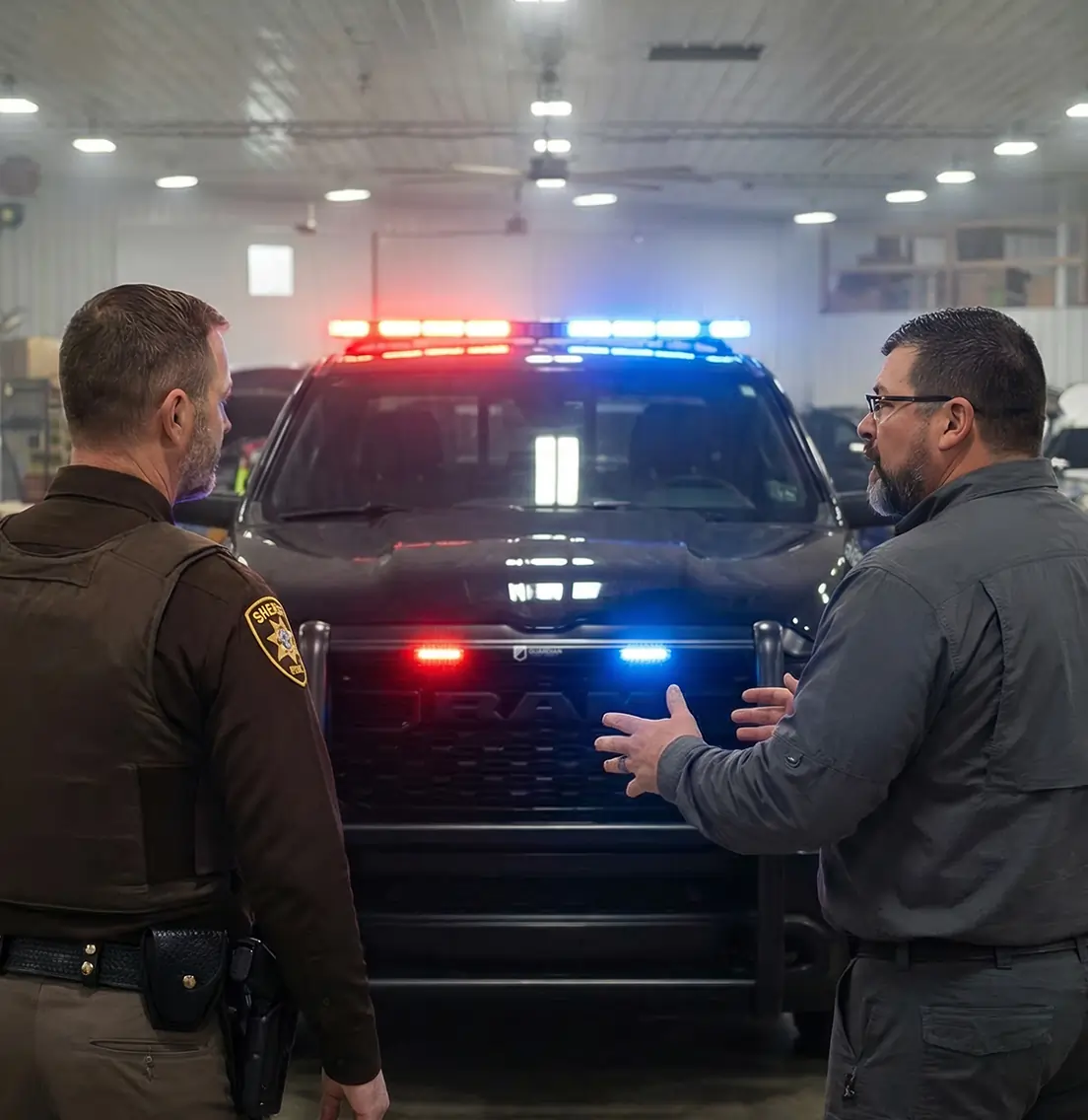 Sheriff and upfit technician reviewing a police vehicle build