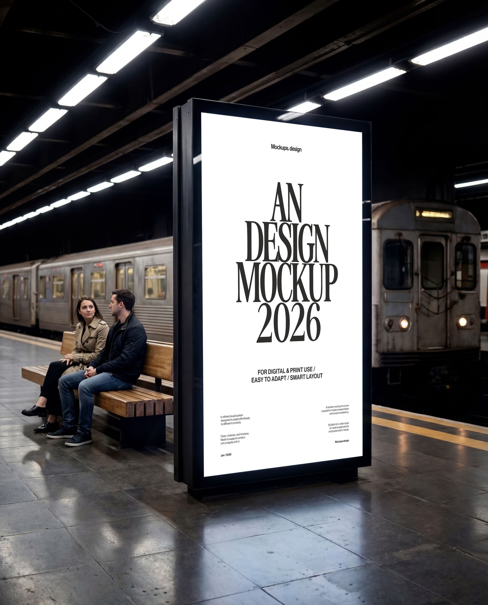 Citylight poster mockup at train station, urban city scene