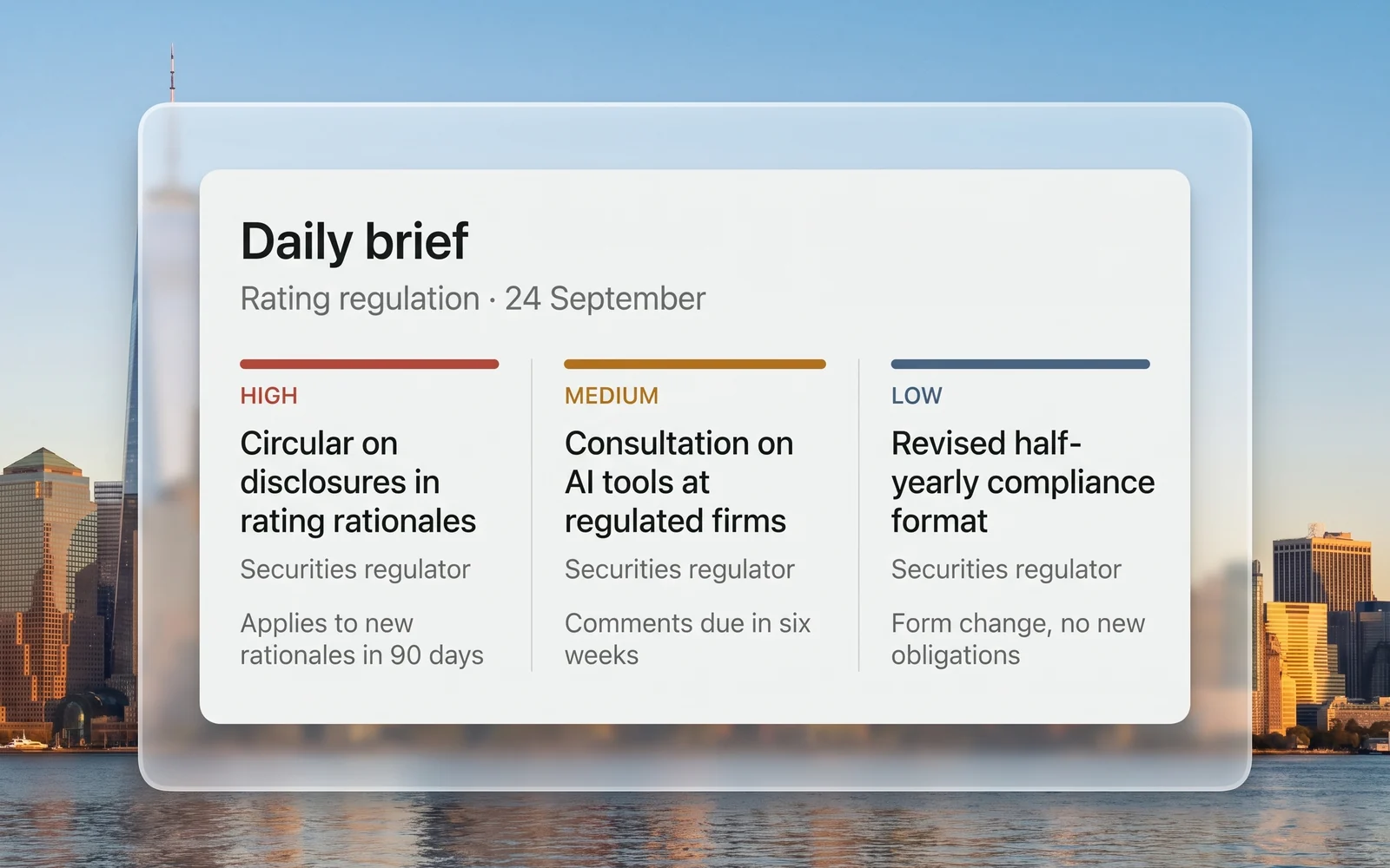 A daily brief on rating regulation graded high, medium and low, each item with its authority and a note