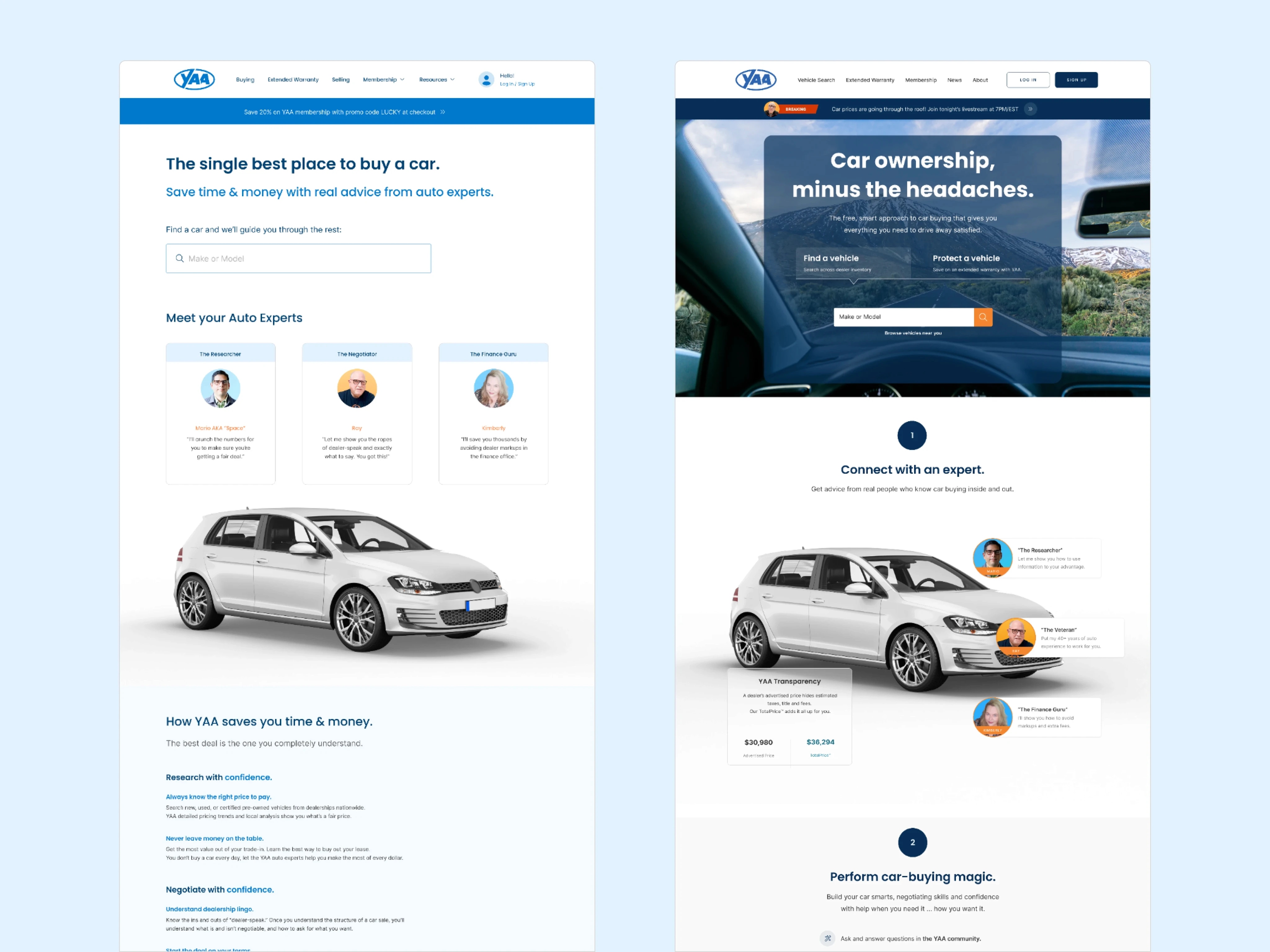 Automotive website interface showing expert advice, car search, and transparent pricing for vehicle shopping.