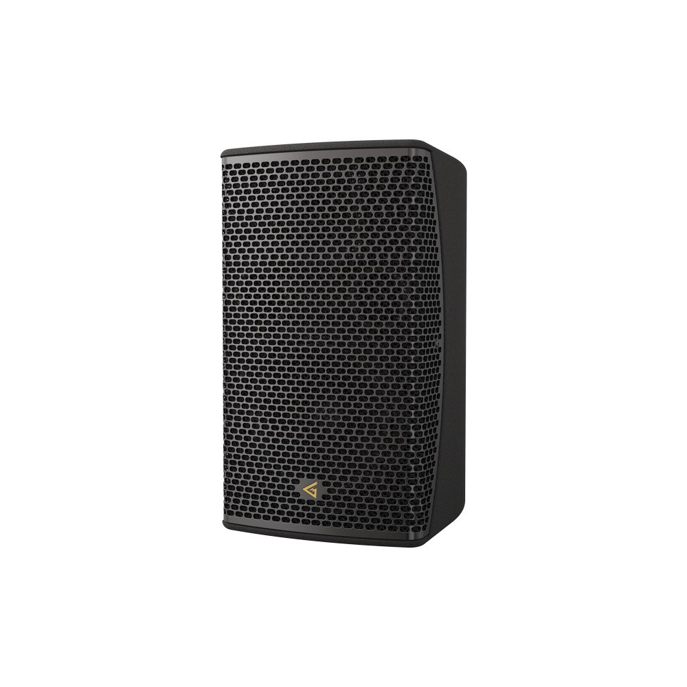 Black speaker with a metal grille and a gold logo.