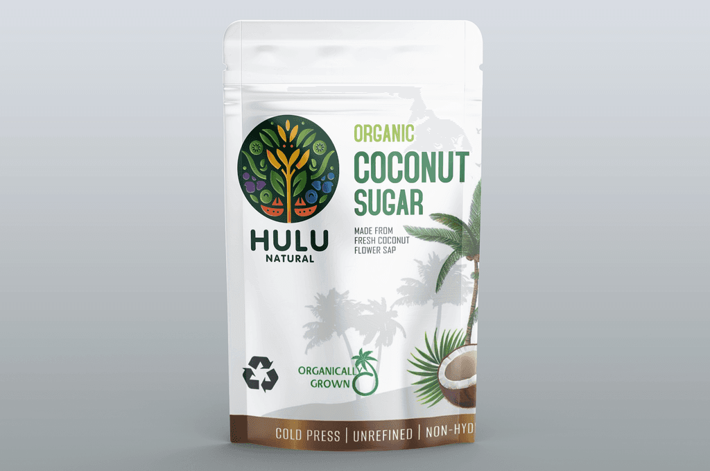 A bag of Hulu Natural Organic Coconut Sugar.