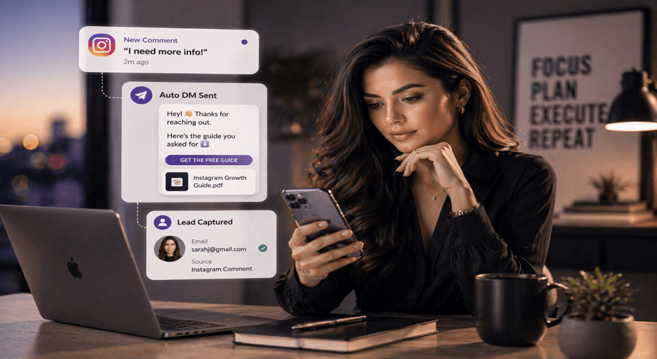 Creator reviewing Instagram lead messages on a phone with auto DM follow-up and lead capture workflow in a premium workspace