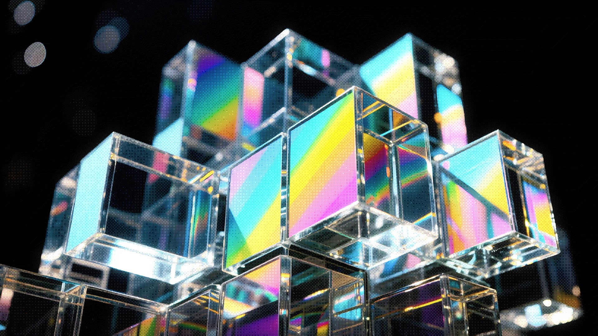 Abstract 3D glass cubes with rainbow reflections arranged in a futuristic structure, symbolizing post-vibecoding infrastructure and building beyond the demo economy.