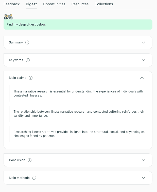 thesify digest showing main claims from a student paper on illness narratives and contested suffering