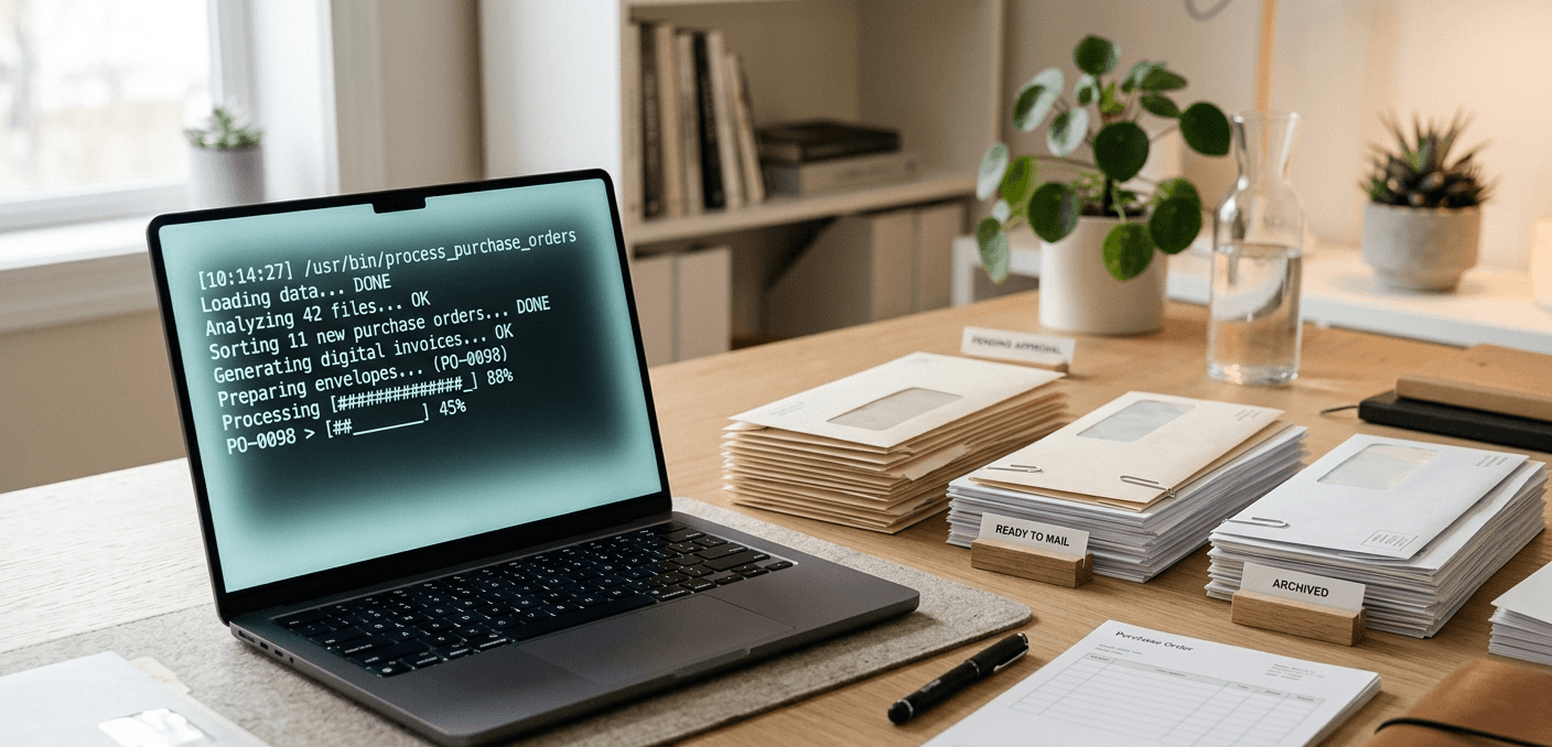 Laptop on a clean desk with purchase orders automatically sorted around it