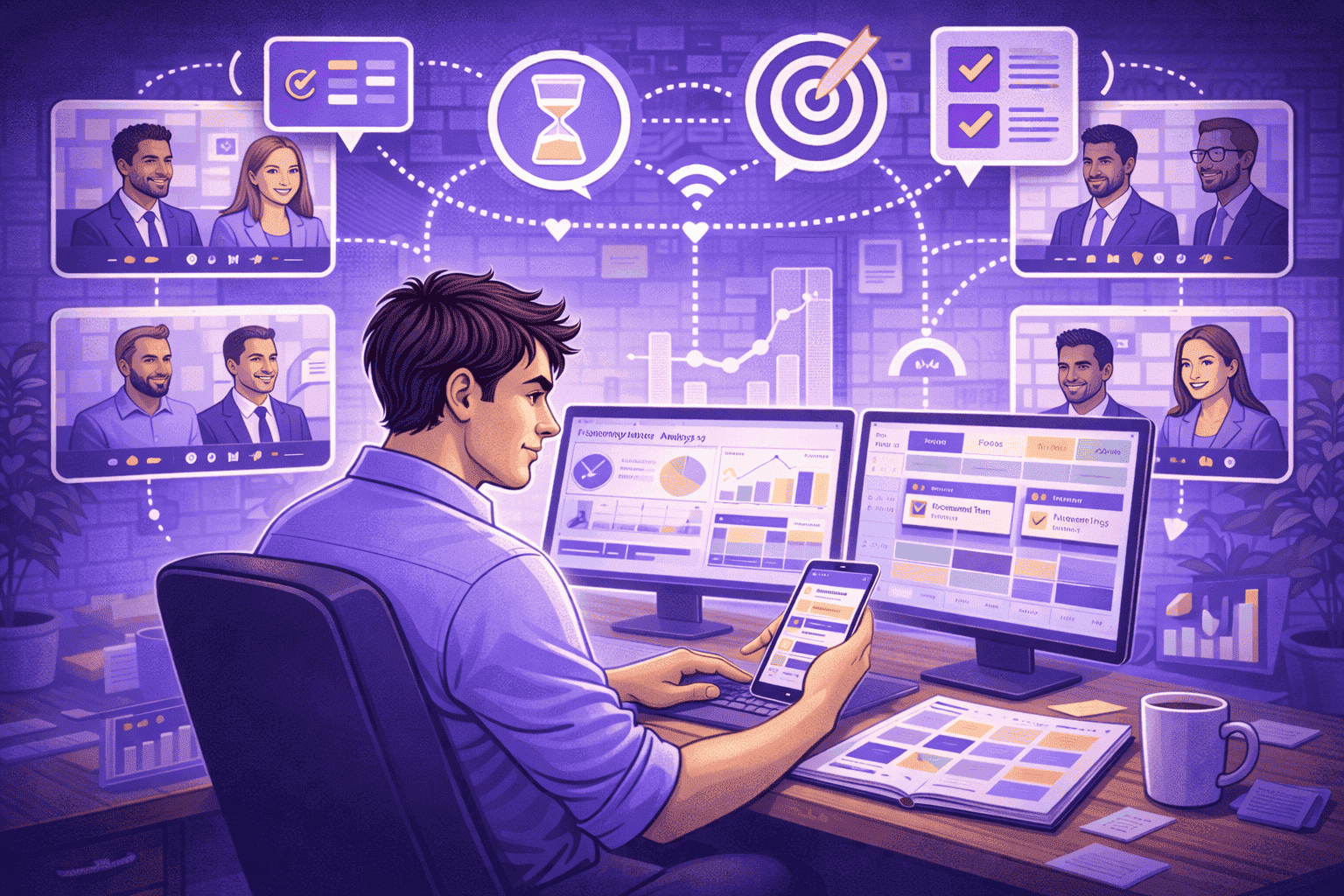 Remote manager analyzing team productivity data and organizing workflows using dashboards and digital tools