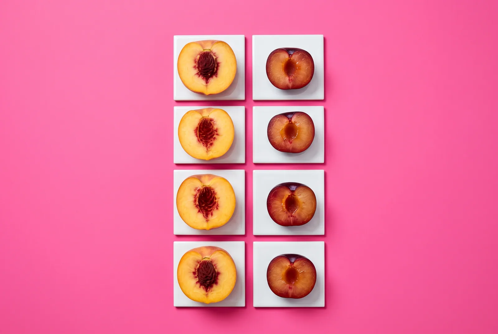 Peach halves and plum halves in two neat columns of white tiles, a feature-by-feature QUITTR vs Fortify comparison