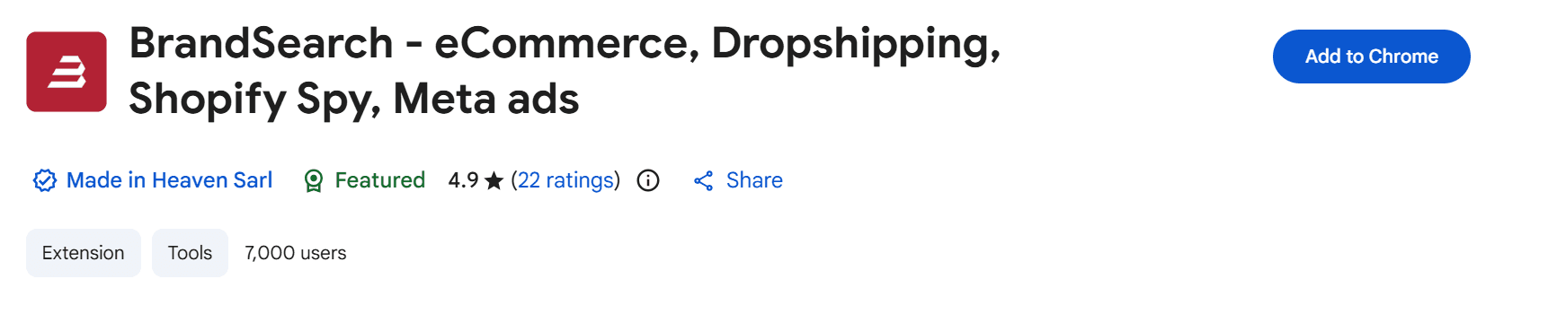 BrandSearch Chrome extension listing with title, rating, and Add to Chrome button.