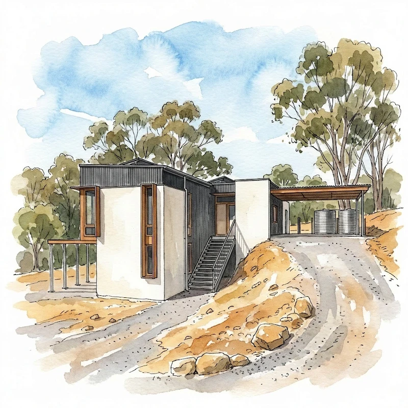 Watercolour image of a residential home used as an icon. This house is built with Respira Hempcrete blocks.