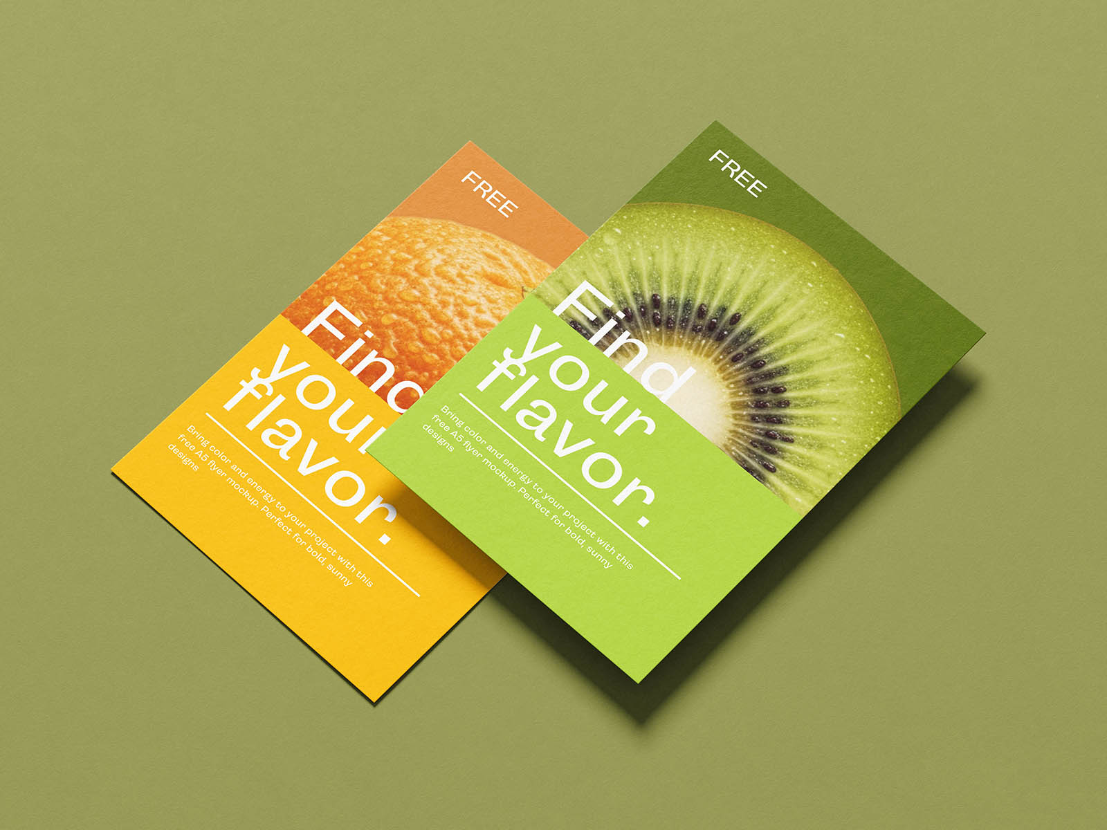 Two vibrant flyers on a green background feature close-up images of an orange and a kiwi. Text reads "Find Your Flavor," conveying a fresh, inviting tone.