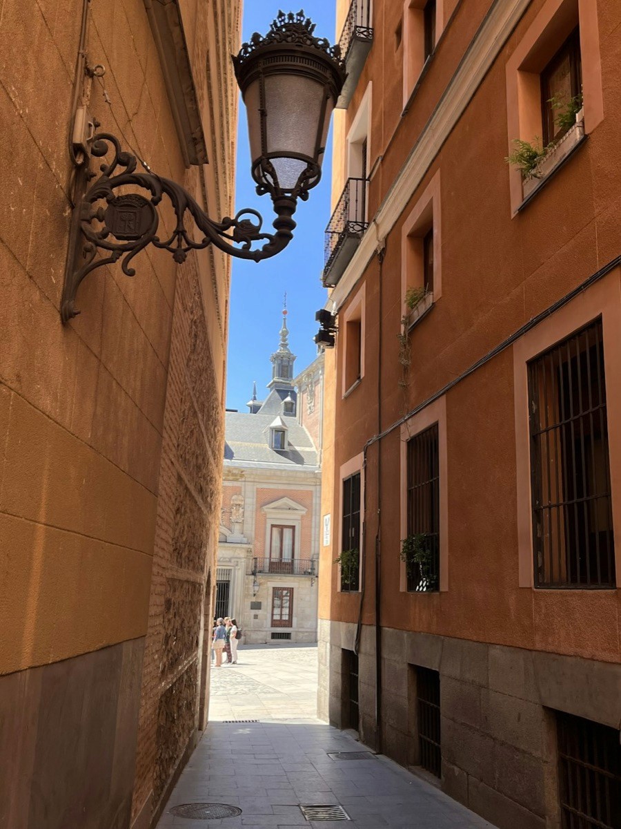Calle estrecha con un farol de forja y fachadas antiguas