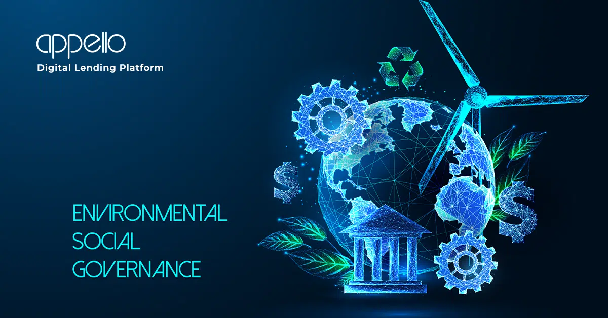 A visually engaging ESG (Environmental, Social, Governance) themed graphic featuring financial and sustainability-related icons, such as a wind turbine, a bank, and gears.