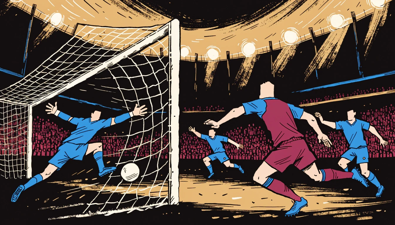 Illustration of a striker in a claret kit with sky-blue sleeves shooting past a diving goalkeeper and defenders in sky-blue kits under the floodlights