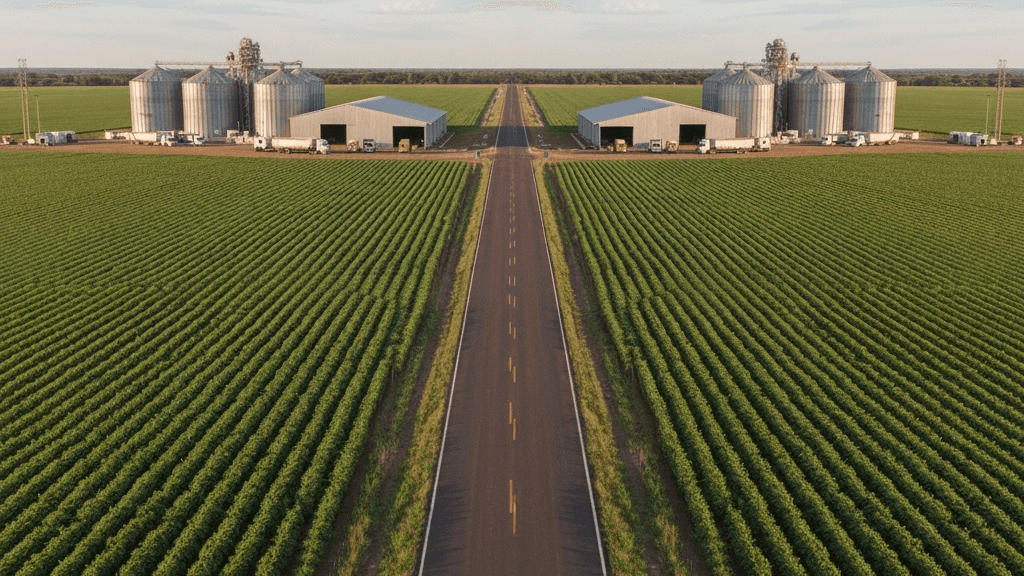 Estrada reta cortando plantações verdes com silos de grãos e armazéns ao fundo em uma paisagem agrícola simétrica.