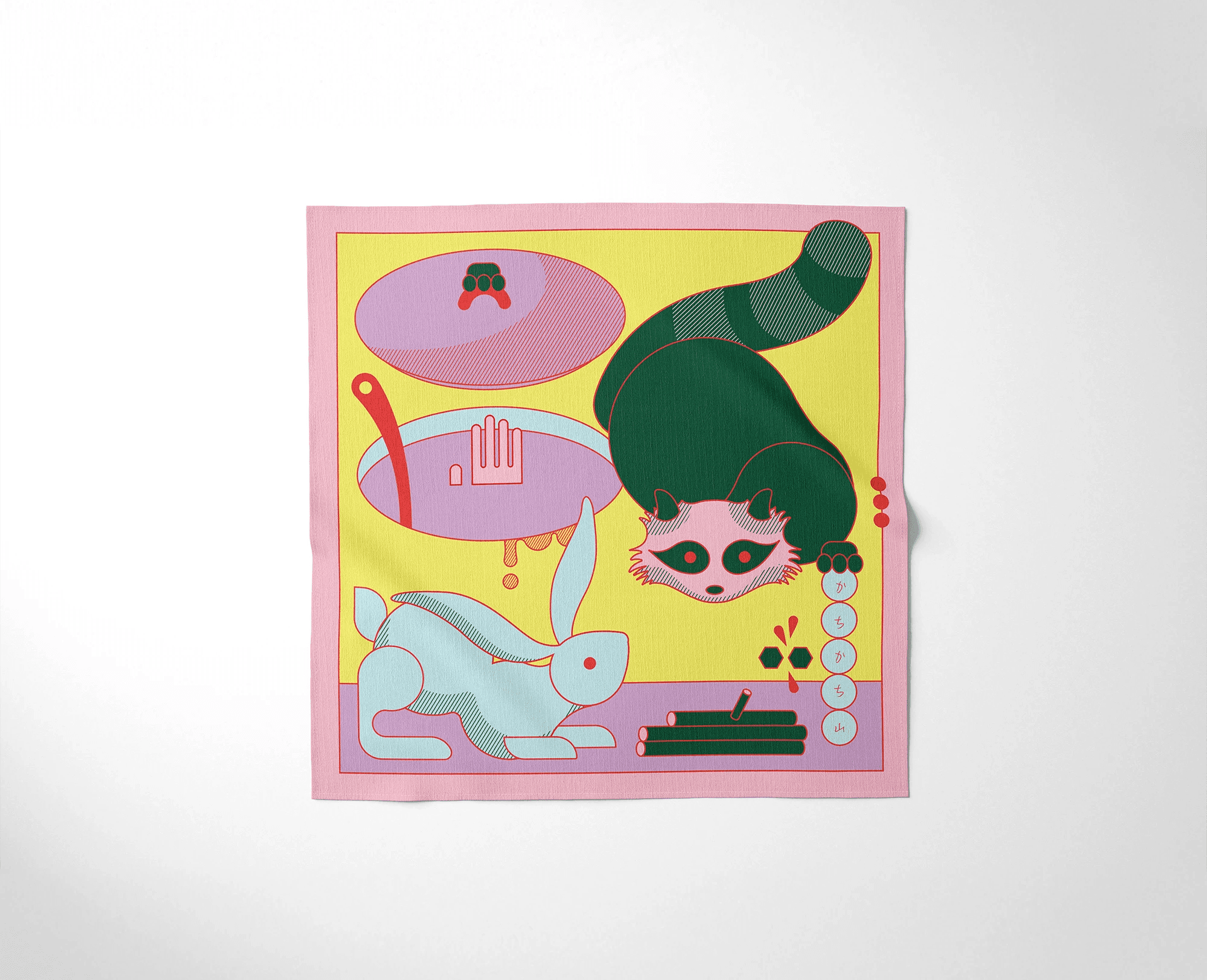 Full illustration of the Wrap a Tale furoshiki by Josephine Grenier, depicting a contemporary interpretation of Japanese folklore.