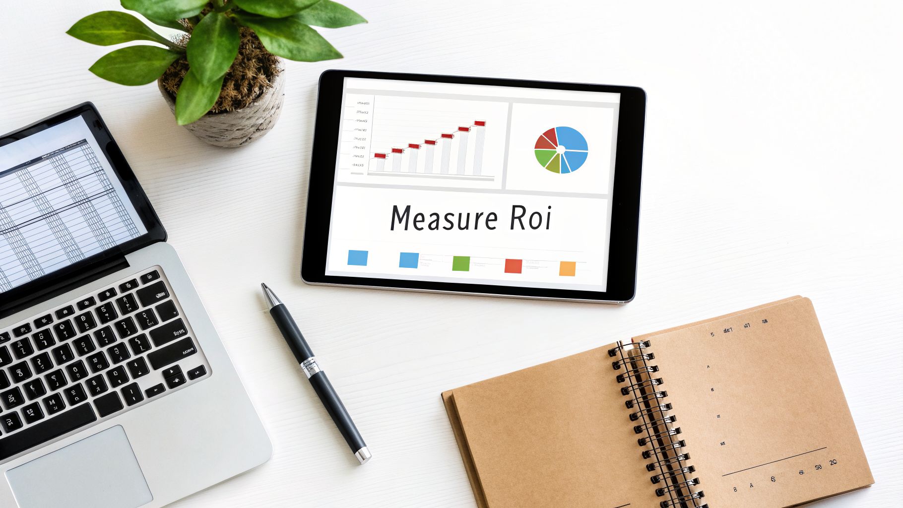 A flat lay of a business workspace with a laptop, a tablet showing 'Measure Roi' graphs, a pen, notebook, and a plant.