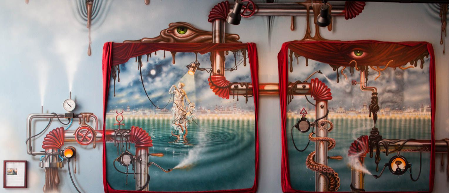 trippy graffiti on a wall with pipes and dripping goo