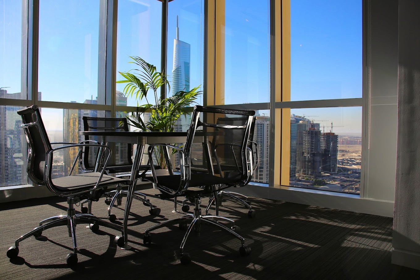 View of Marina Plaza in Dubai from a smaller meeting room rental at myOffice, which also offers Marina Plaza offices for rent. 