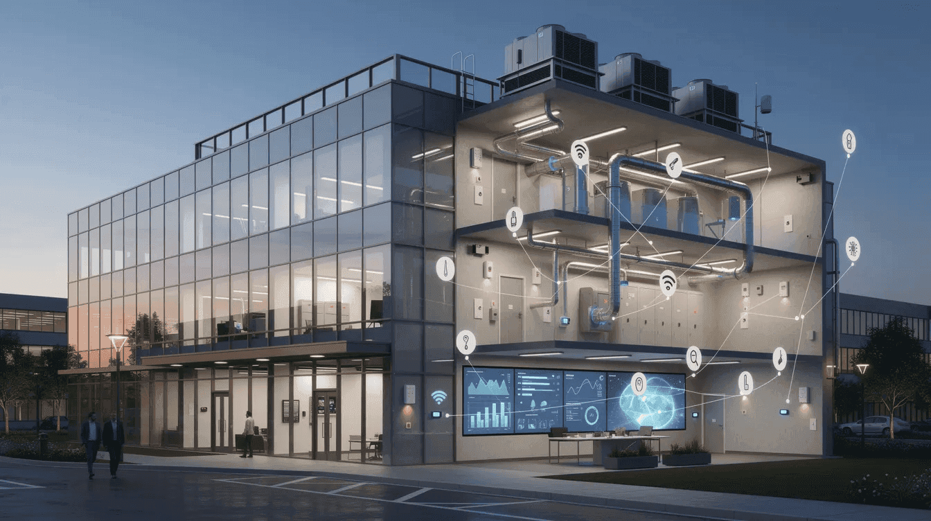 Digital twin smart building with connected IoT sensors, HVAC systems, and real-time data dashboards for energy management and operational efficiency