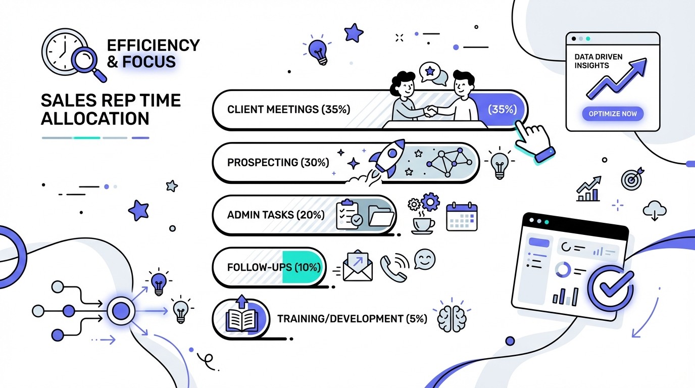 A modern, professional infographic displaying a sales representative's time allocation using a pie chart or bar graph with segments for client meetings, prospecting, admin tasks, follow-ups, and training, set against a tech-inspired background.