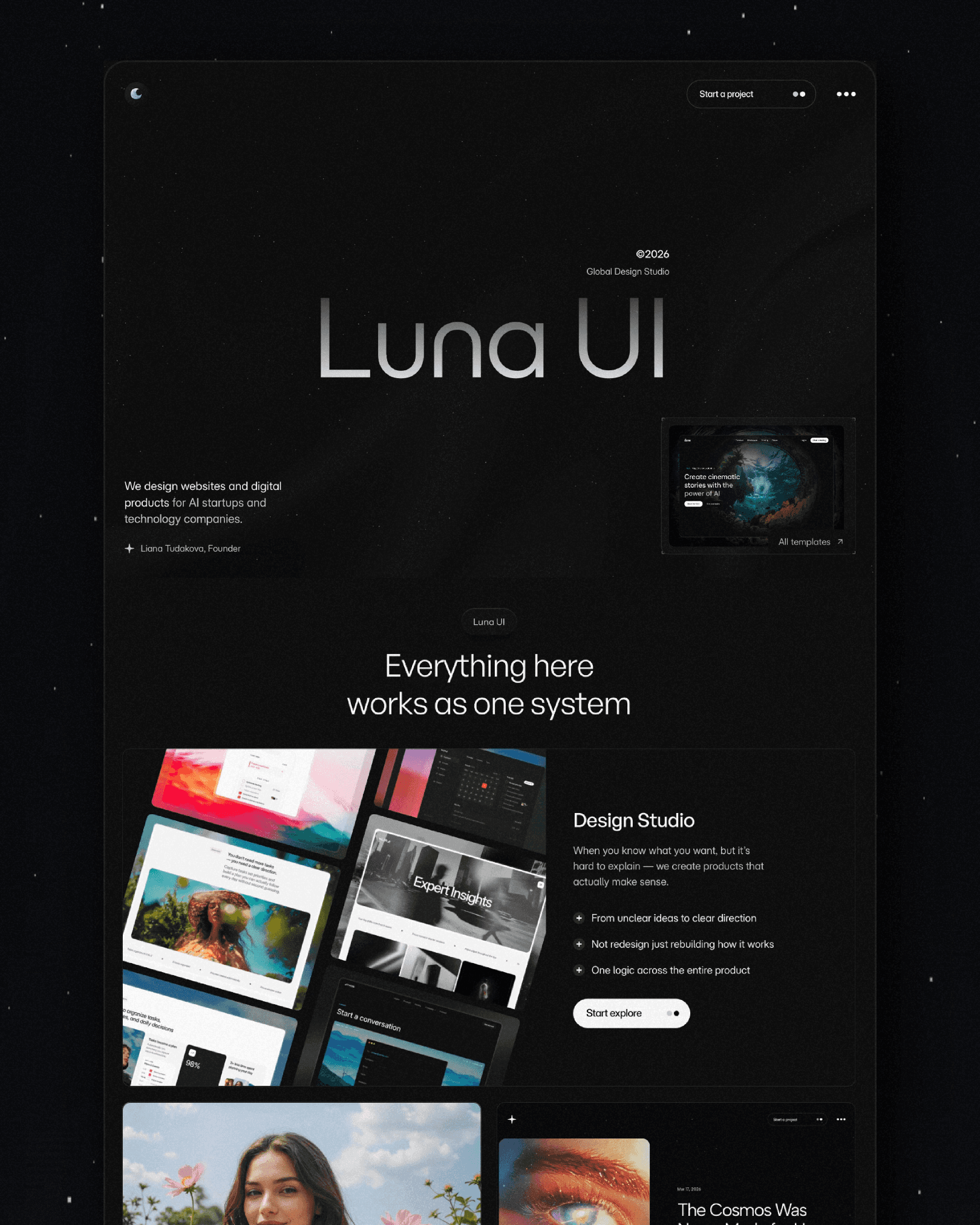 Luna UI design studio portfolio on dark background — example of a transparent design studio that shows work and process before the first call